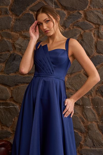 Lenta Moda Maxi Length Navy Satin Evening Dress - Evening Dress with Drape Detail