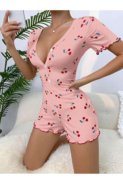 the DIFFerent Pink cherry print short sleeve sleepwear jumpsuit