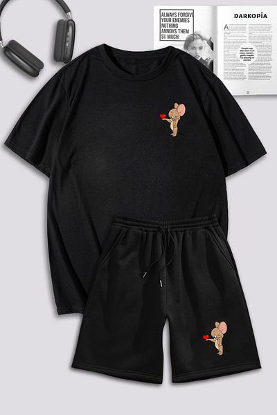 macklin Unisex Γυναικεία Ανδρικά Σετ φόρμας Tom and Jerry Heart με στάμπα ειδικής σχεδίασης Oversize μπλουζάκι και σορτς