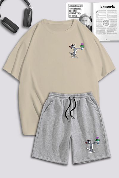 macklin Unisex Γυναικείες ανδρικές φόρμες Tom and Jerry με λουλουδάτο εμπριμέ ειδικό σχέδιο Oversize Σετ μπλουζάκι και σορτς