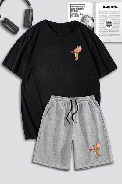 macklin Unisex Γυναικεία Ανδρικά Σετ φόρμας Tom and Jerry Heart με στάμπα ειδικής σχεδίασης Oversize μπλουζάκι και σορτς