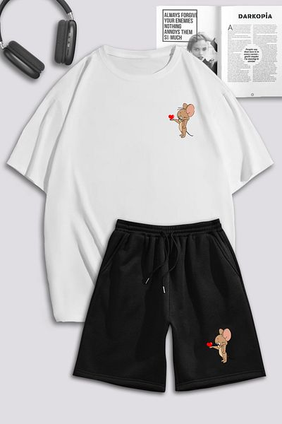 macklin Unisex Γυναικεία Ανδρικά Σετ φόρμας Tom and Jerry Heart με στάμπα ειδικής σχεδίασης Oversize μπλουζάκι και σορτς