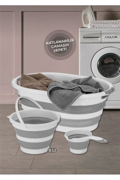 TUĞRA METAL CHEFF 3'lü Temizlik Seti Middle - Katlanır Sele Çamaşır Sepeti - ...