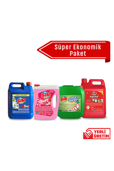 Sır Süper Ekonomik Paket 4'lü Çamaşır Suyu, Bulaşık Deterjanı, Asprins, Yumuş...