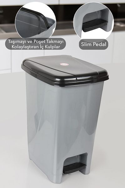Meleni Home Coș de gunoi pentru bucătărie, gri, cu pedală, capac negru, coș de gunoi subțire cu pedală, 8 litri