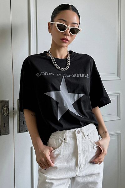 MODAGEN Women's Nothıng Star Print Oversize T-Shirt