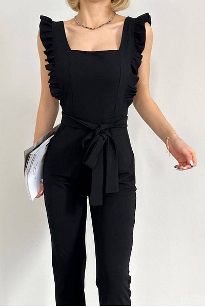 Secret Passion Lingerie Women's Crepe Fabric Square Collar Ruffle Design Belt Detailed Sleeveless Black Jumpsuit 106