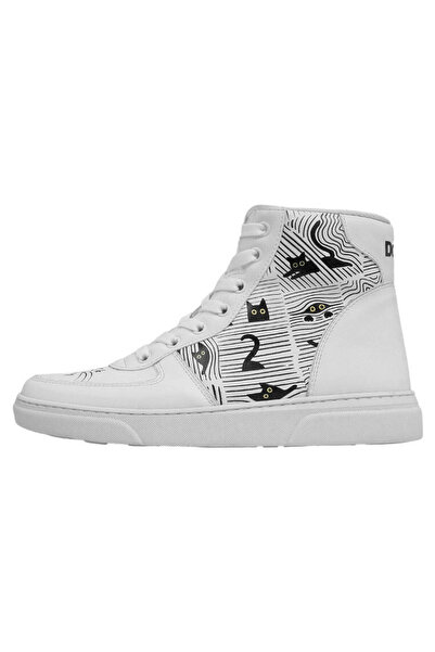 Dogo Women's Vegan Leather White High Sneakers - Black Cats Only Design