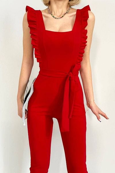 Secret Passion Lingerie Women's Crepe Fabric Square Collar Ruffle Design Belt Detailed Sleeveless Red Jumpsuit 106