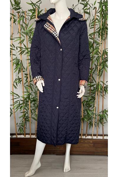 VETRE Women's Large Size Plaid 120 Cm Seasonal Navy Blue Quilted Coat 1042