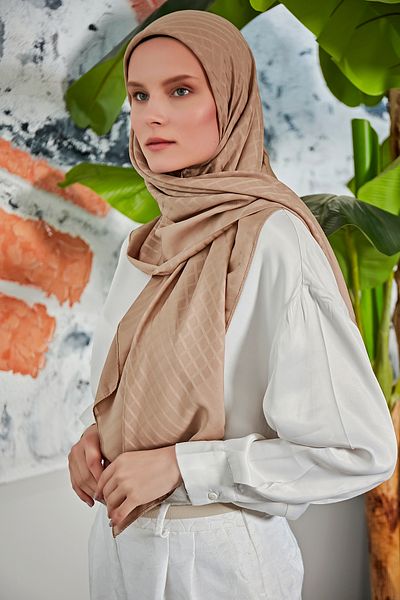 Scarf Μαντίλι σιφόν με ζακάρ μίνι τετράγωνο σχέδιο - Χρώμα καφέ γάλακτος -
