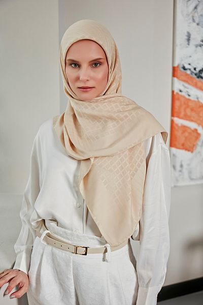 Scarf Jacquard Mini Square Patterned Chiffon Scarf - Chickpea Color -