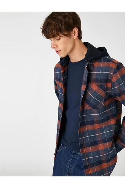 Koton Men's Plaid Lumberjack Shirt with Hooded Pocket Detail