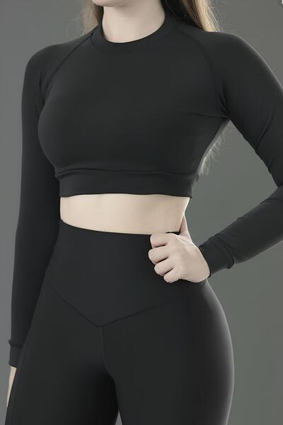 Grasses Black μαύρο μακρυμάνικο μπλουζάκι crop