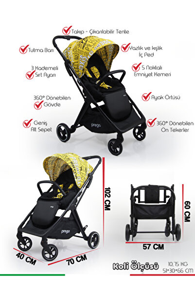 Prego Axis 360 Derece Dönebilen Oturma Üniteli Çift Yönlü Bebek Arabası + Çanta Hediyeli