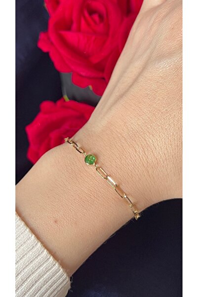 Goldstation 14 Ayar Altın Bileklik Ataç Zincirli Tek Taşlı