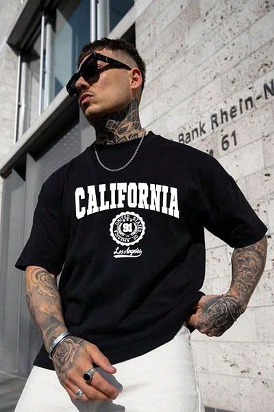 MODAGEN Ανδρικό μπλουζάκι με λαιμόκοψη California Black Oversize