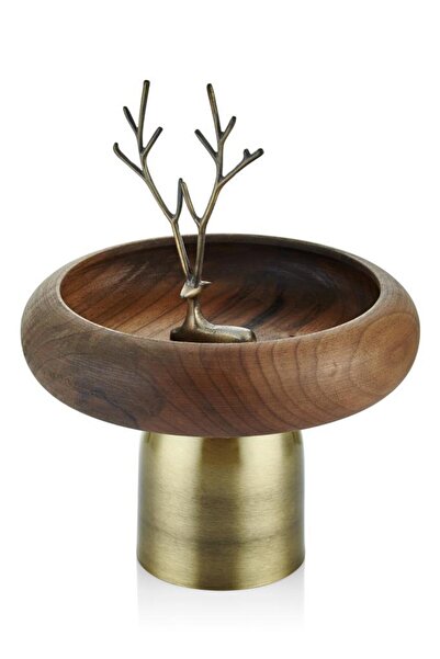 SETABIANCA OTURAN GEYİK FİGÜRLÜ AHŞAP AYAKLI DEKORATİF KASE BRONZ 26X26X31CM