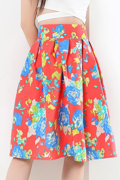 AVORWE Fusta midi plisată cu imprimeu floral