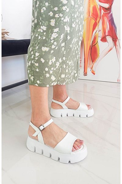 GDT Ayakkabı White Thick Sole Ankle Strap Women's Sandals