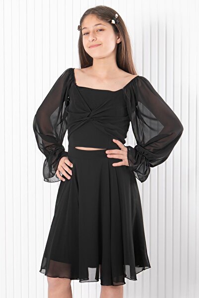 SUBU TASARIM Balloon Sleeve Chiffon Evening Dress Black MDV934