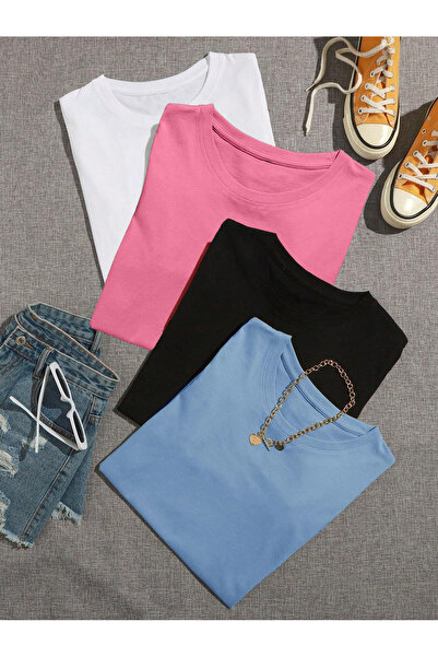 Revasser Unisex Düz Basic 4'lü Çoklu Kombin T-shirt - Beyaz Pembe Siyah Ve Be...