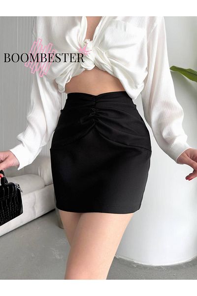 BoomBester Fustă mini pentru damă New Season țesătură dublă cu detaliu de strângere în față