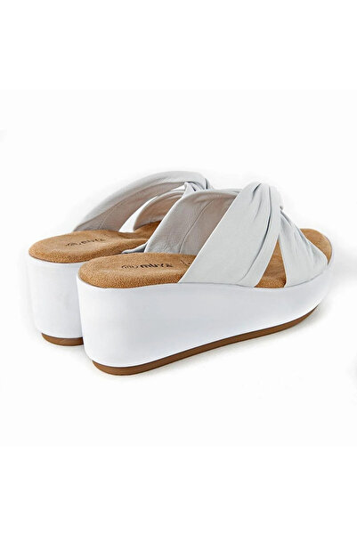 Muya Genuine Leather Wedge Heeled White Women's Slippers