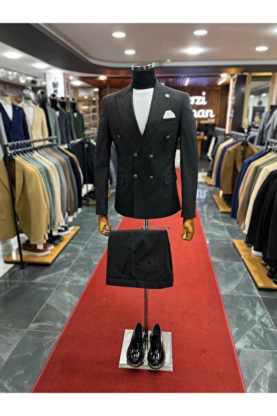 Terziayhan Yeni Sezon Antrasit Çizgili  Slimfit Kruvaze Takım Elbise