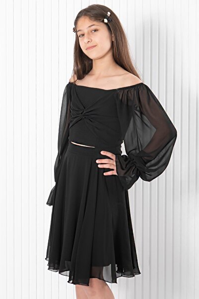 SUBU TASARIM Balloon Sleeve Chiffon Evening Dress Black MDV934