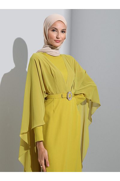Refka Chiffon Cape Belted Hijab Evening Dress - Yag yeşil - Refka