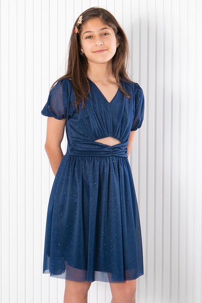 SUBU TASARIM Balloon Sleeve Glitter Tulle Evening Dress Navy Blue MDV936