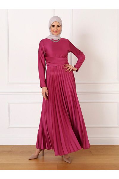 Refka Pleated Belted Satin Hijab Evening Dress - Cherry - Refka