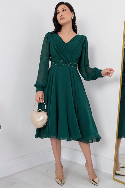 PULLIMM Long Sleeve and Bead Detailed Chiffon Dress - DNS1512