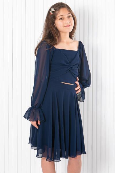 SUBU TASARIM Navy Blue Chiffon Evening Dress - Balloon Sleeve Dress MDV934