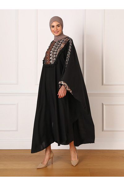 Refka Natural Fabric Ethnic Patterned Abaya Ferace - Black - Refka
