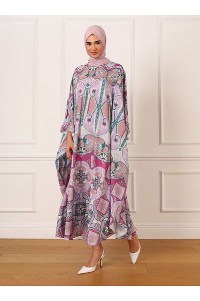 Refka Ethnic Patterned Satin Ferace - Fuchsia - Refka