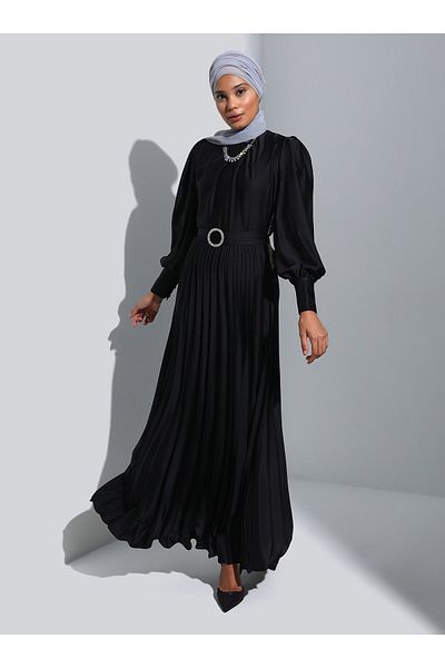 Refka Buckle Detailed Pleated Satin Hijab Evening Dress - Black - Refka