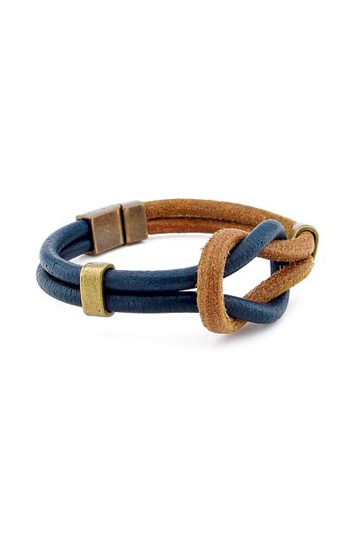 Solfera Tan Navy Blue Alaçatı Knot Genuine Leather Men's Bracelet M051A