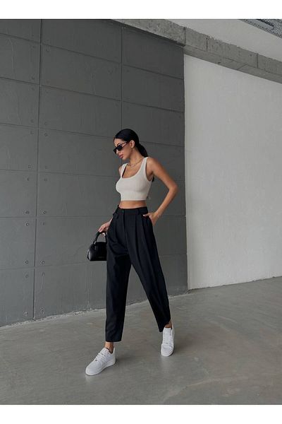 owwon Women's Black High Waist Balloon Model Button Detailed Trousers