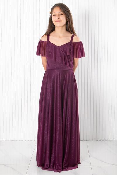 SUBU TASARIM Askılı Simli Abiye Elbise Mürdüm MDV938