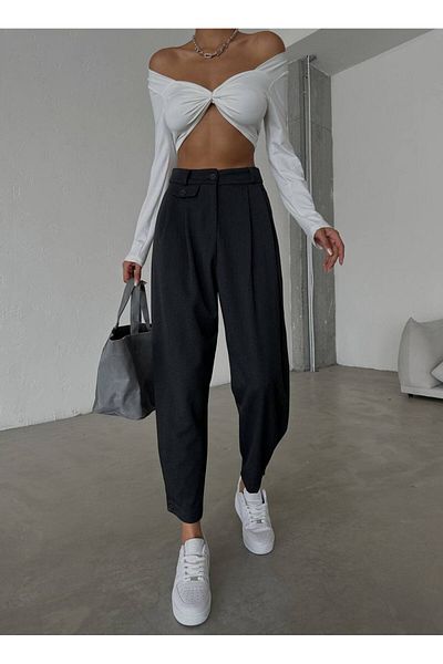 owwon Women's Gray High Waist Balloon Model Button Detailed Trousers