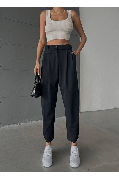 owwon Women's Black High Waist Balloon Model Button Detailed Trousers