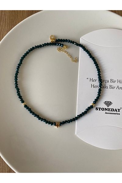 Stoneday Emerald Green Color Gold Star Detailed Special Design Crystal Bead Necklace