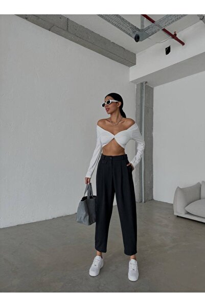 owwon Women's Gray High Waist Balloon Model Button Detailed Trousers