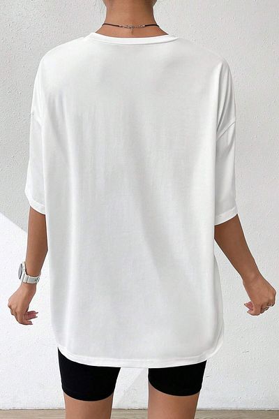 MODAGEN Unisex White Crew Neck Face Smile Printed Oversize T-Shirt