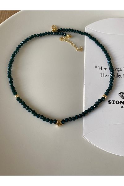 Stoneday Emerald Green Color Gold Star Detailed Special Design Crystal Bead Necklace