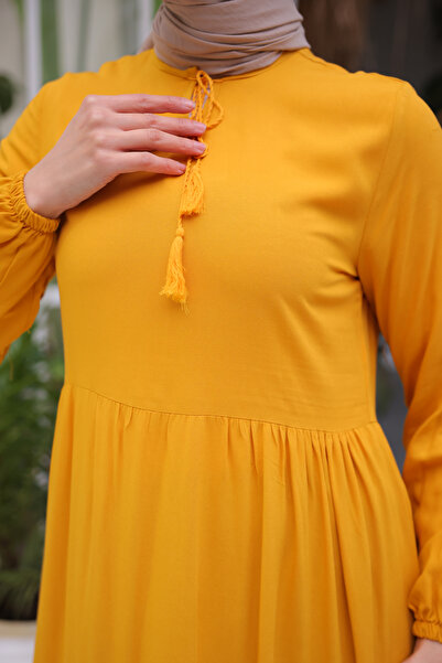 benguen 8232 Φόρεμα κορδόνι γιακά κίτρινο