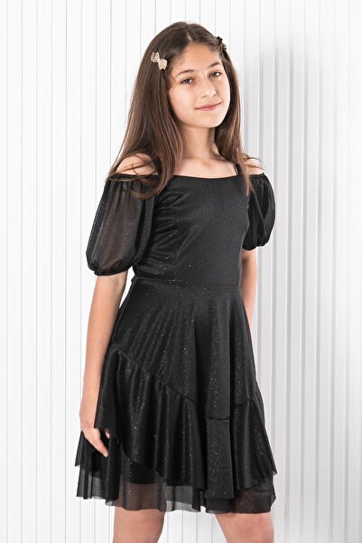 SUBU TASARIM Balon Kol Simli Tül Abiye Siyah MDV940