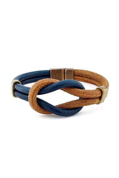 Solfera Tan Navy Blue Alaçatı Knot Genuine Leather Men's Bracelet M051A